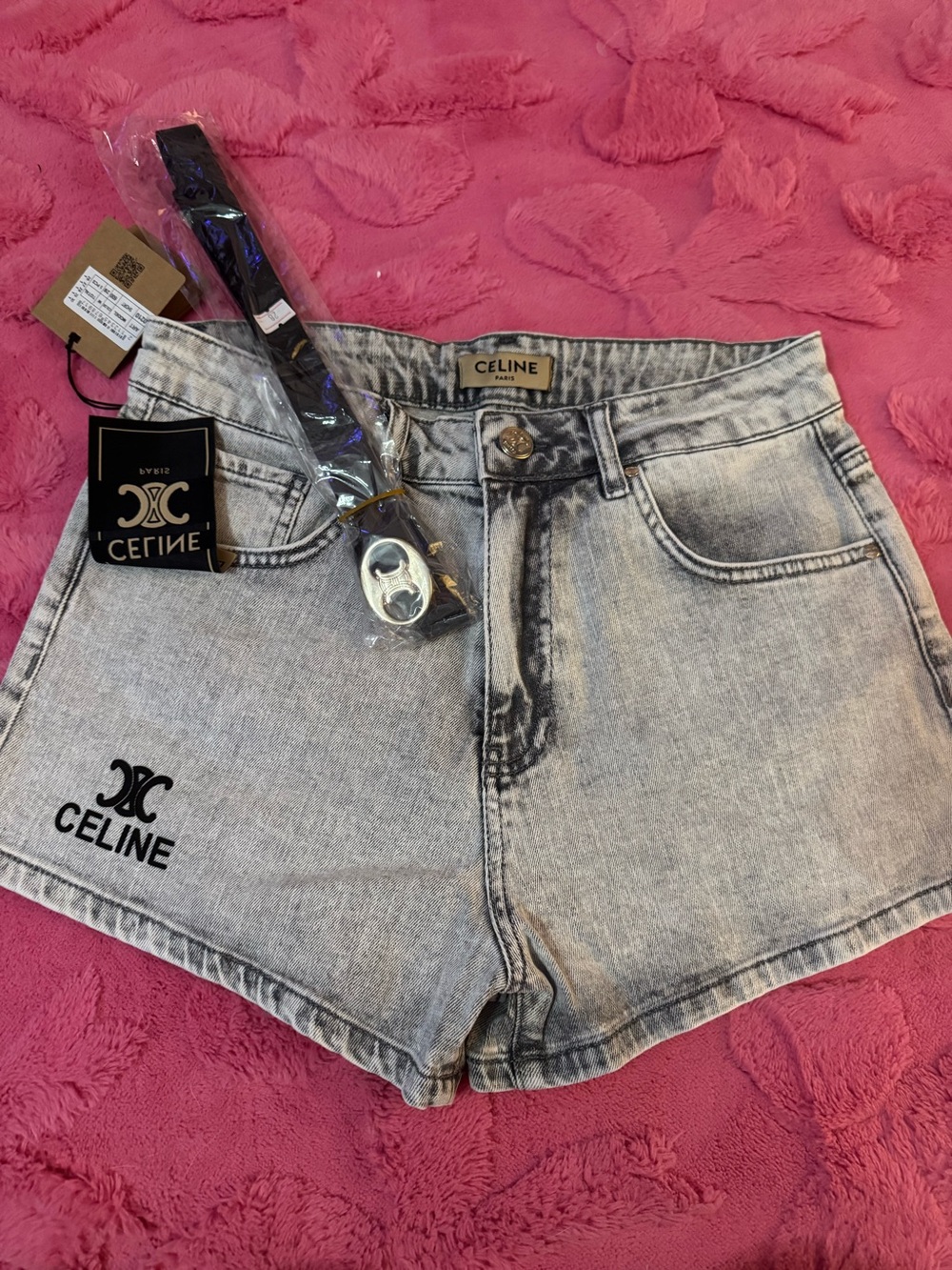Celine Light Gray Acid-Wash Denim Jean Shorts
